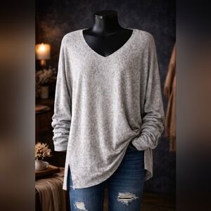 Grey Leopard Print V-Neck Long Sleeve Oversized Knit Top Side Slit Sweater